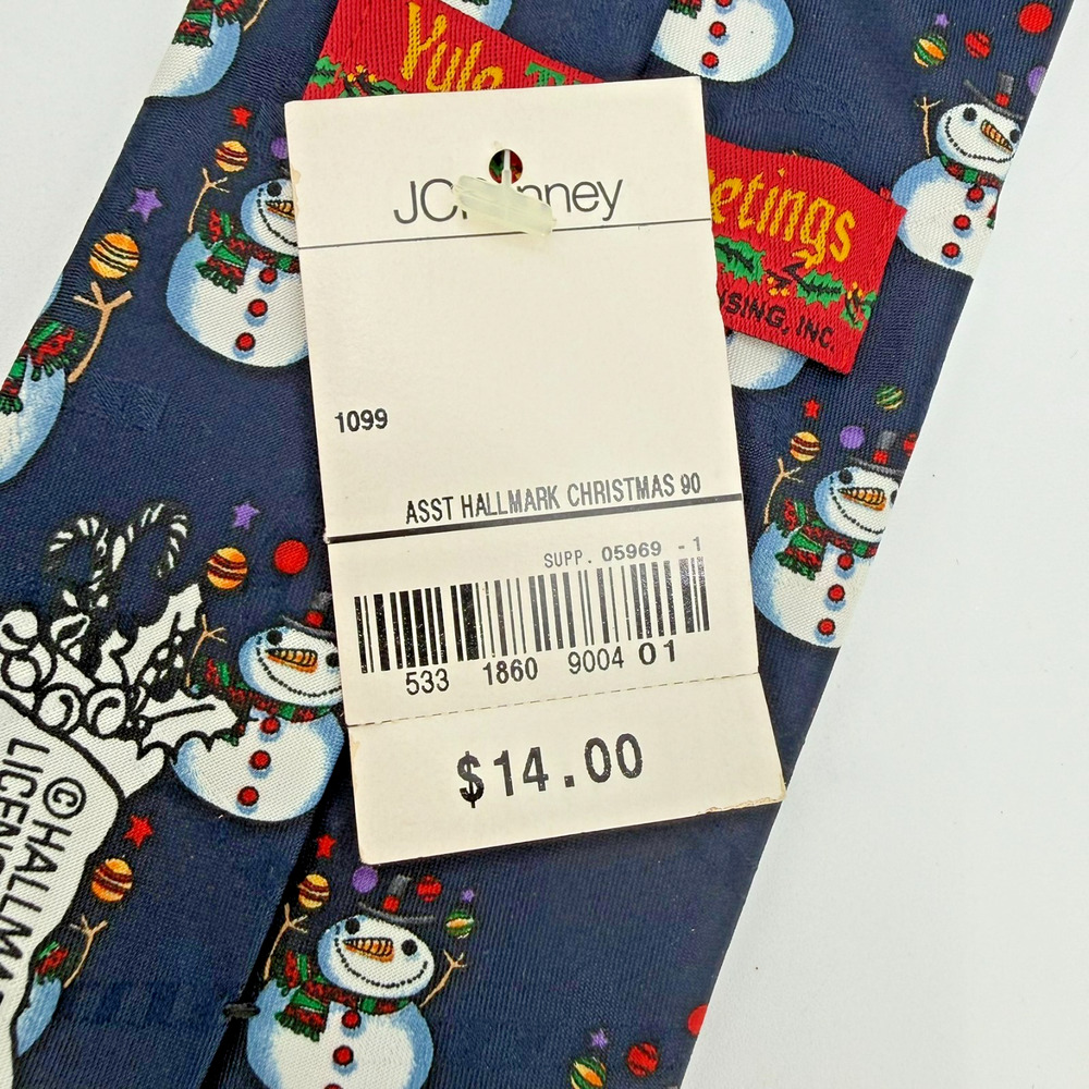 Vintage Hallmark Christmas Tie Snowman Holiday Necktie Blue 1990 Made USA NEW - Picture 8 of 11